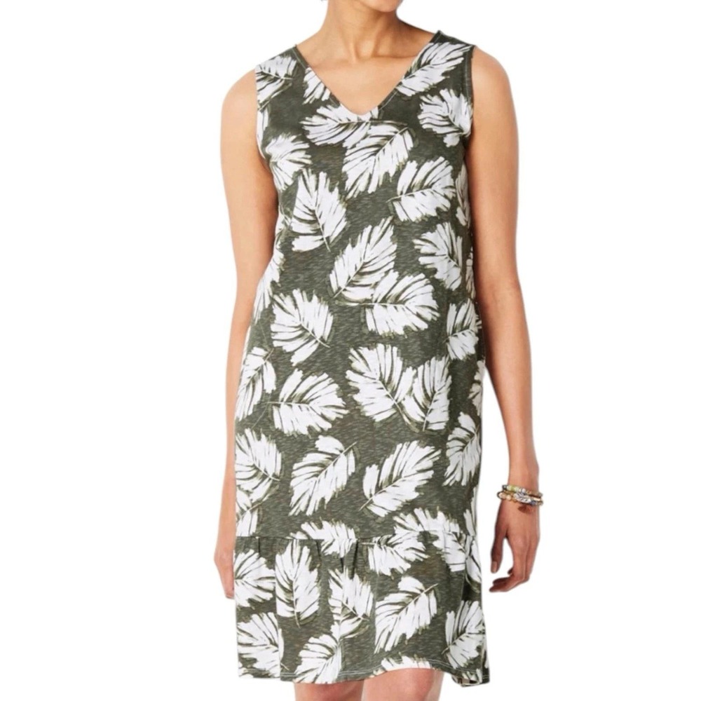J. Jill Knit Dress Women XL Olive Leaf Print Flounce Hem V-Neck Lagenlook Cruise
